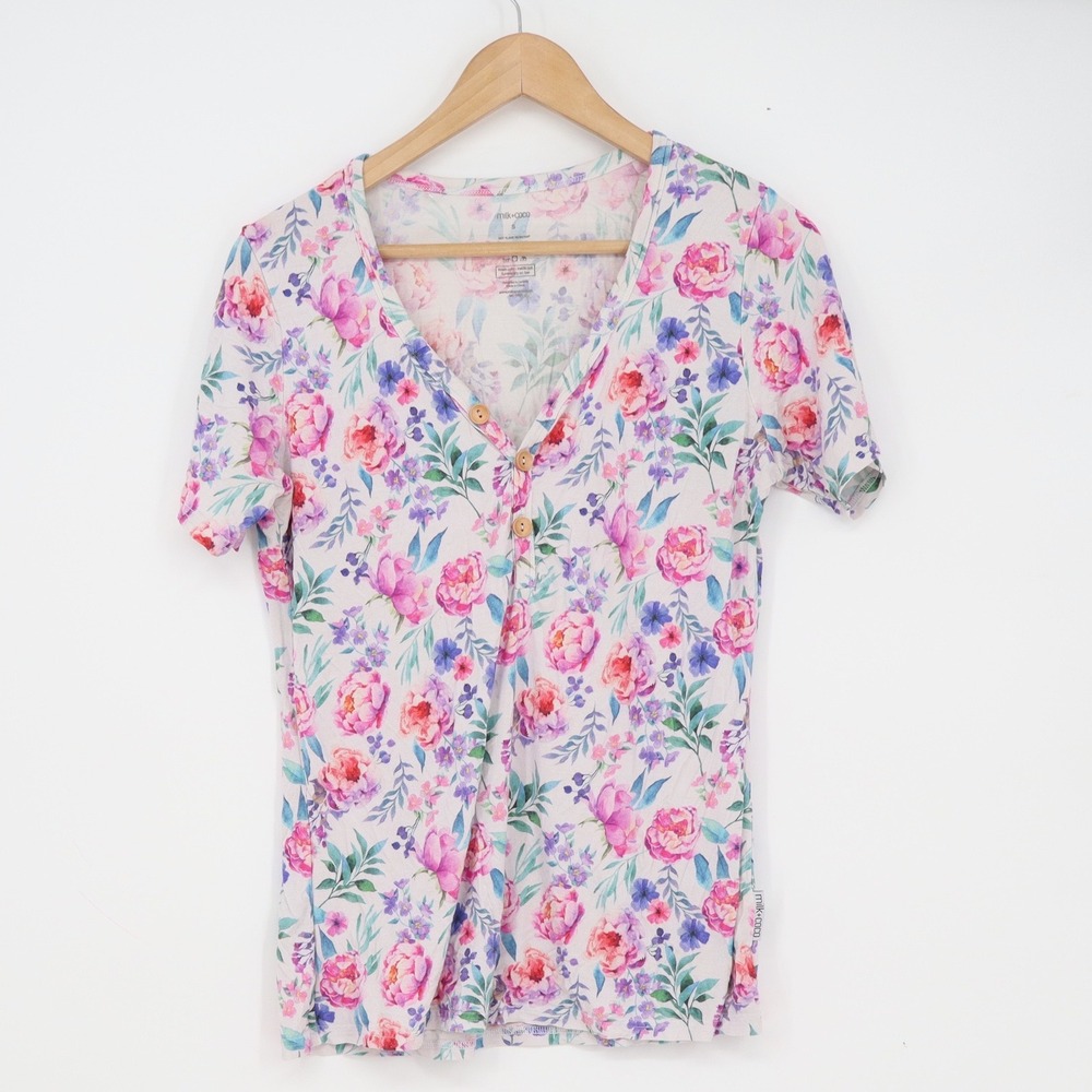 Milk + Coco Floral Bamboo Viscose Henley T-Shirt Small Pink Purple